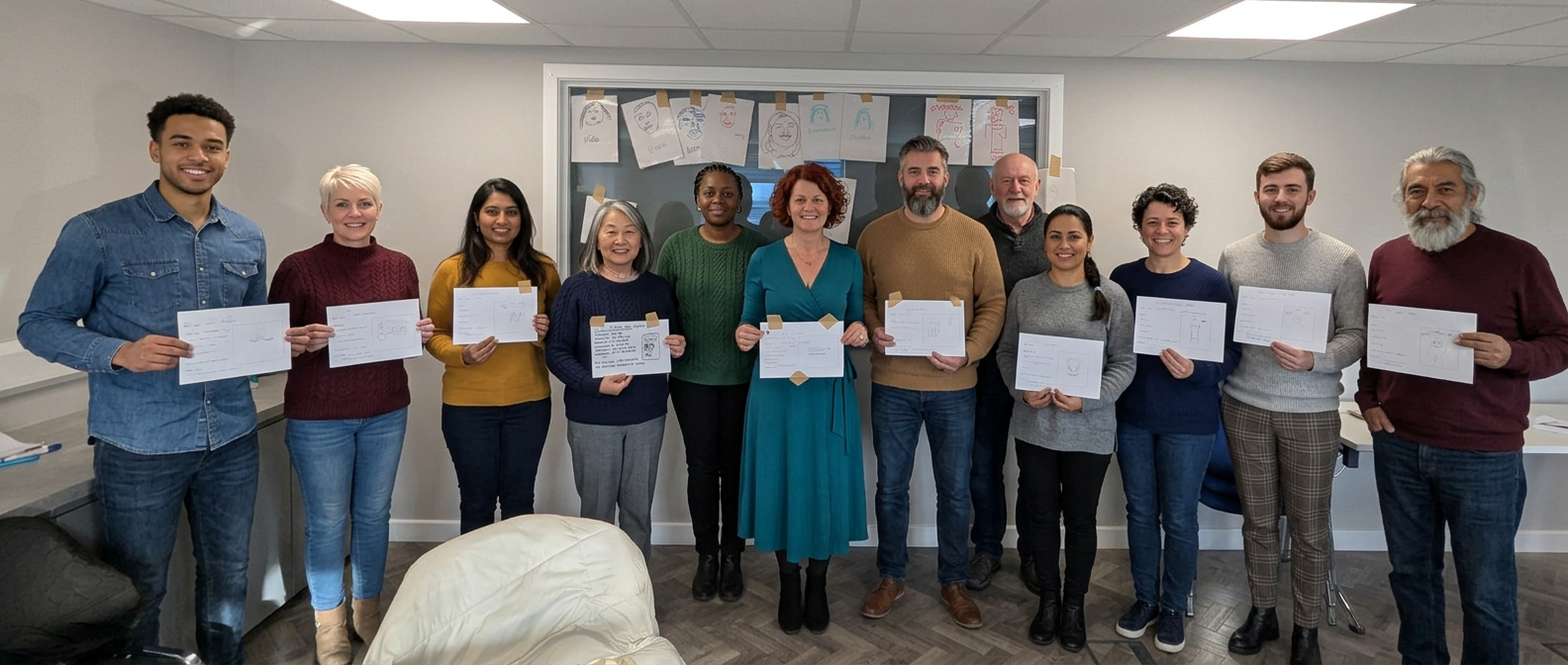 A workshop group proudly holding up their sketched ideas